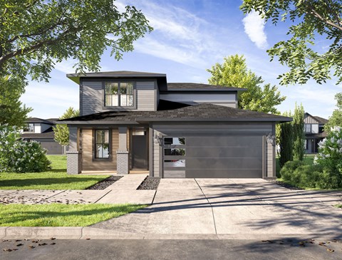 a home with a gray and brown exterior